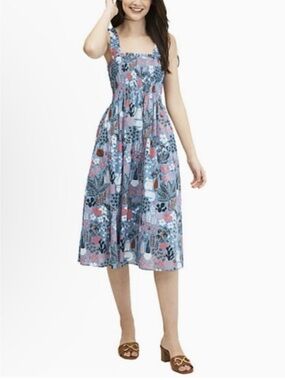Kate Spade NWT 100% Cotton Smocked Midi Dress “Garden Posy” Blue Print Size XL